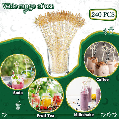 Zubebe 240 Pcs Cocktail Swizzle Sticks Plastic Drink Stirrers Glitter Star Top Stir Disposable Cocktail Coffee Drink Sticks Crystal Cake Pops, 7.28 Inch(Gold)