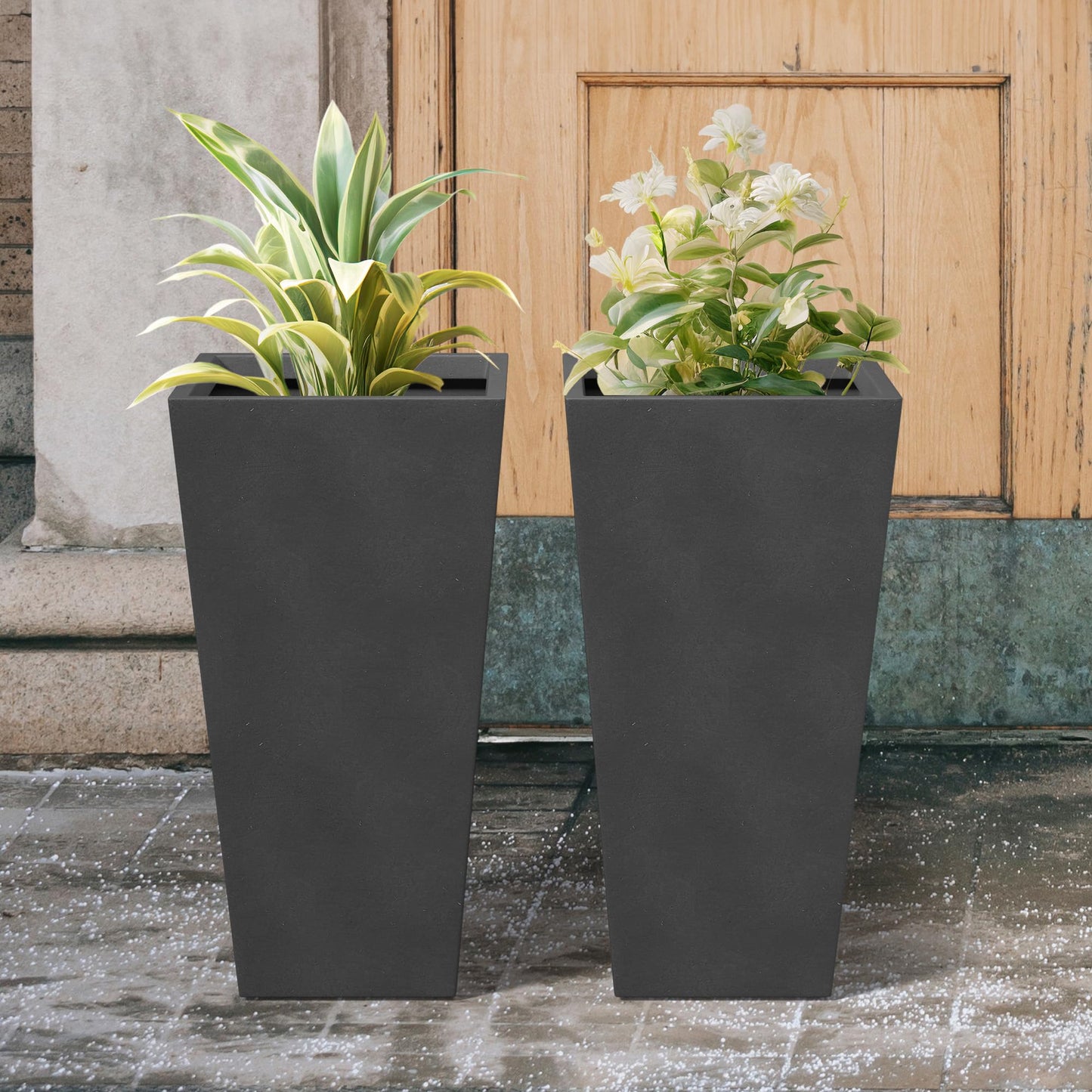 Kante 24.4 Inch Tall Tapered Concrete Planter (Set of 2), Modern Style Large Plant Pot with Drainage Hole and Rubber Plug for Patio, Porch, Black