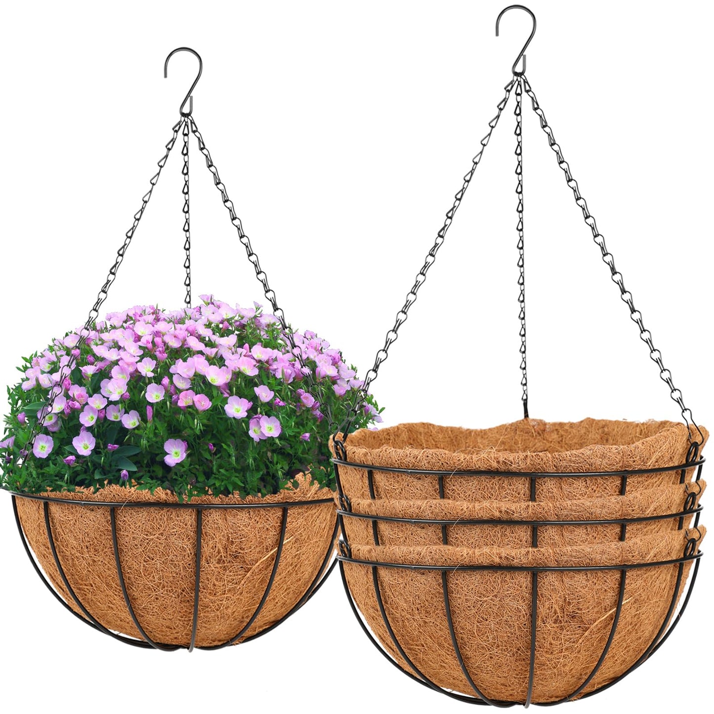 Hanging Basket Planter Plants Outdoor - 4 Pack 14 Inch Metal Hanging Planter with Coco Liners, Chain Hook Hanging Flower Pots for Indoor Outdoor Garden Porch Decoration