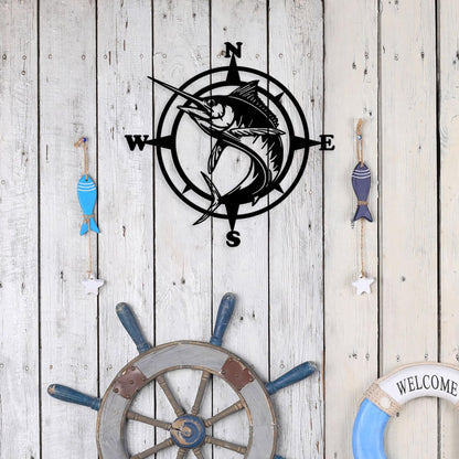 Xedatric Stylish Fishing Decor – Compass Wall Art with Jumping Swordfish, Perfect for Nautical and Marine Enthusiasts, Durable Metal Wall Sculpture for Home & Kitchen
