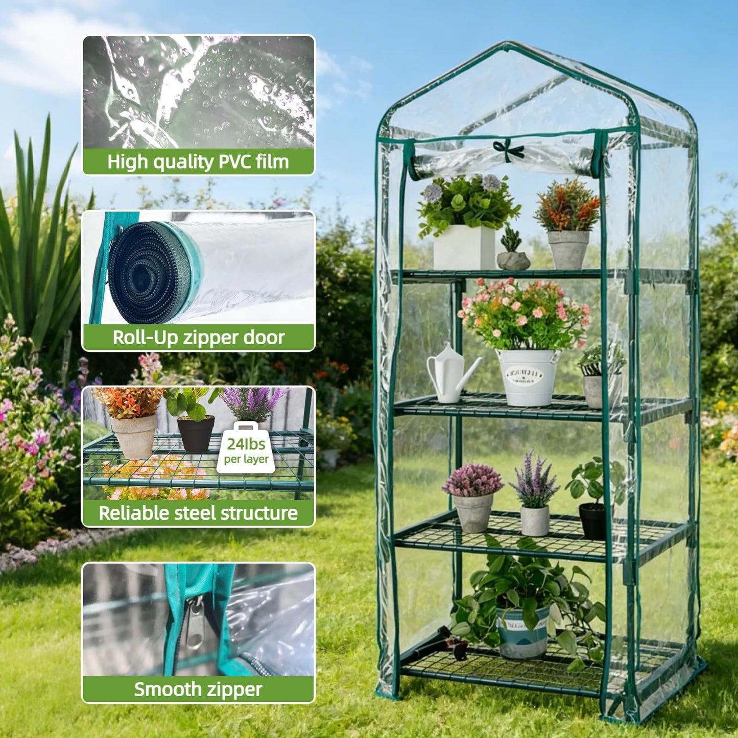 Kelived Mini Greenhouse for Indoor Outdoor, Small Plants Green House with 4 Tier Shelves, Portable Plastic Greenhouses with Transparent PVC Cover for Garden Backyard Patio Balcony Porch