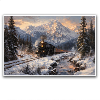 XWNLTEPK Winter Train Scenery Canvas Print Poster Wall Art Wall Decoration Winter Atmosphere Poster Suitable for Living Room Bedroom Farmhouse Home Decor Christmas Snow Mountain Pine Tree