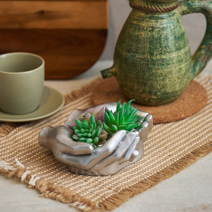 Tapeera Hand Shaped Succulent Planter Pot - Crystal Holder Display - Air Plant Holder Hand Planter - Giving Hands Sculpture Decor - Key Bowl Ring Dish Trinket Dish Candy Dish - Candle Holder (Silver)