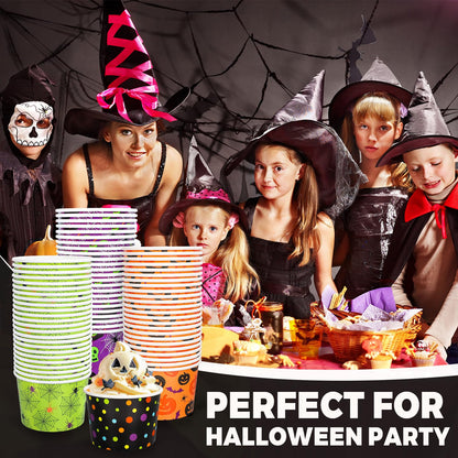 JarThenaAMCS 100 Pcs Halloween Snack Cups Pumpkin Skull Spider Web Dots Disposable Bowls 9oz Ice Cream Dessert Treat Paper Bowls for Hot Iced Food Birthday Trick or Treat Party Supplies