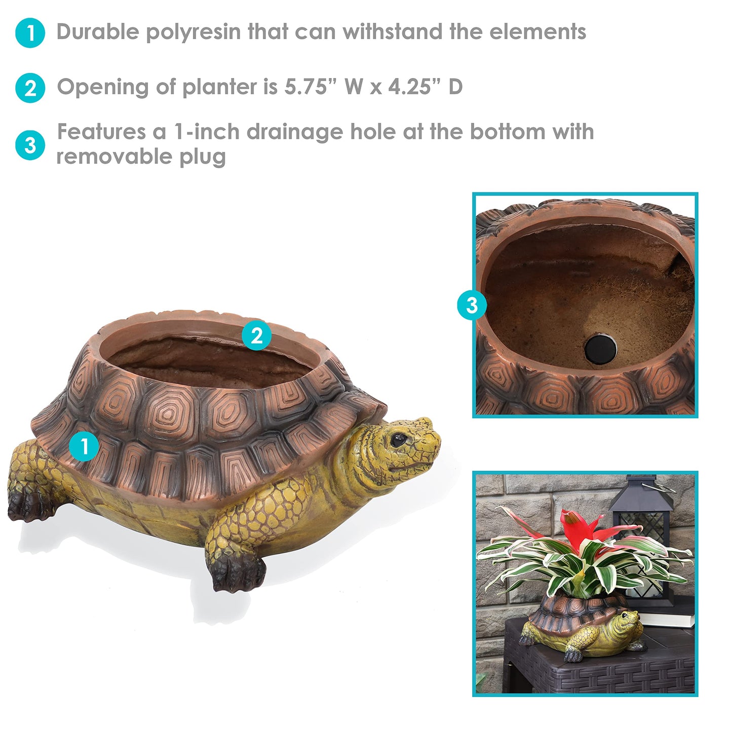 Sunnydaze Teddy the Turtle 11" Polyresin Garden Planter for Indoor or Outdoor Use