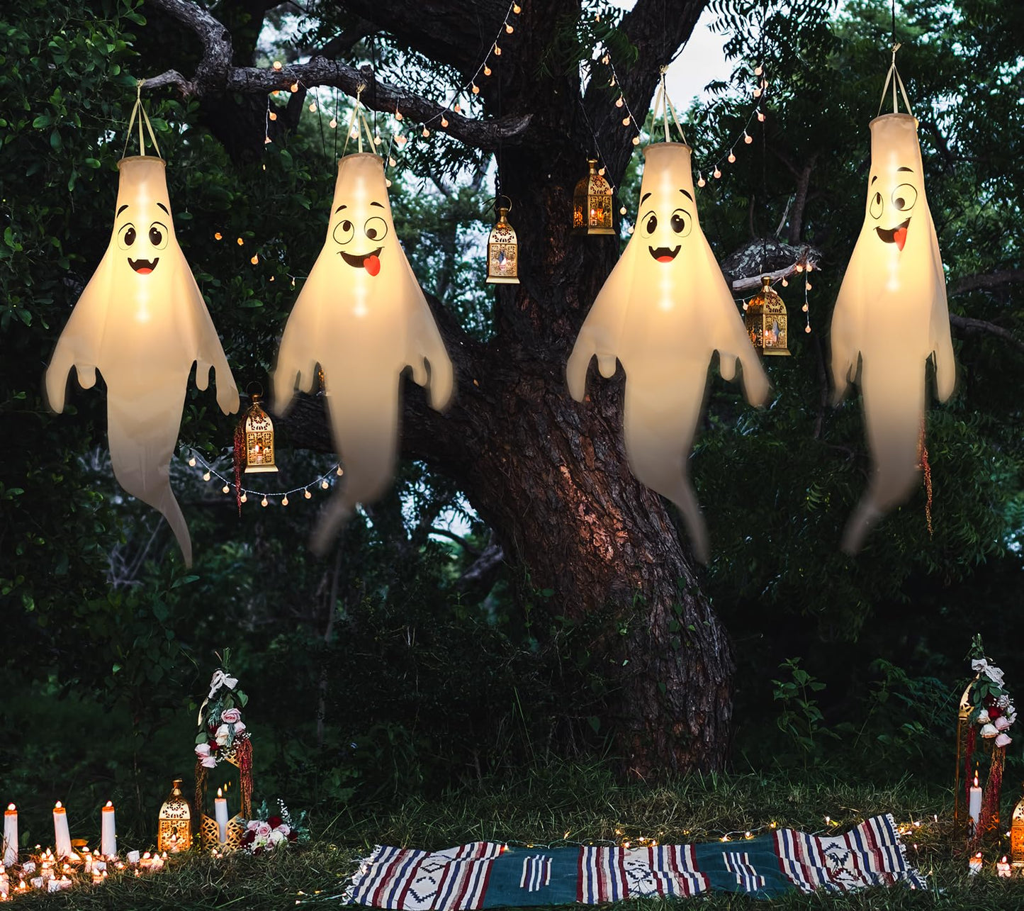 Halloween Ghost Decorations Outdoor: with Timer, 2 Pcs Cute Hanging Ghost for Tree Porch Garden Yard, Waterproof LED Ghost Halloween Decor