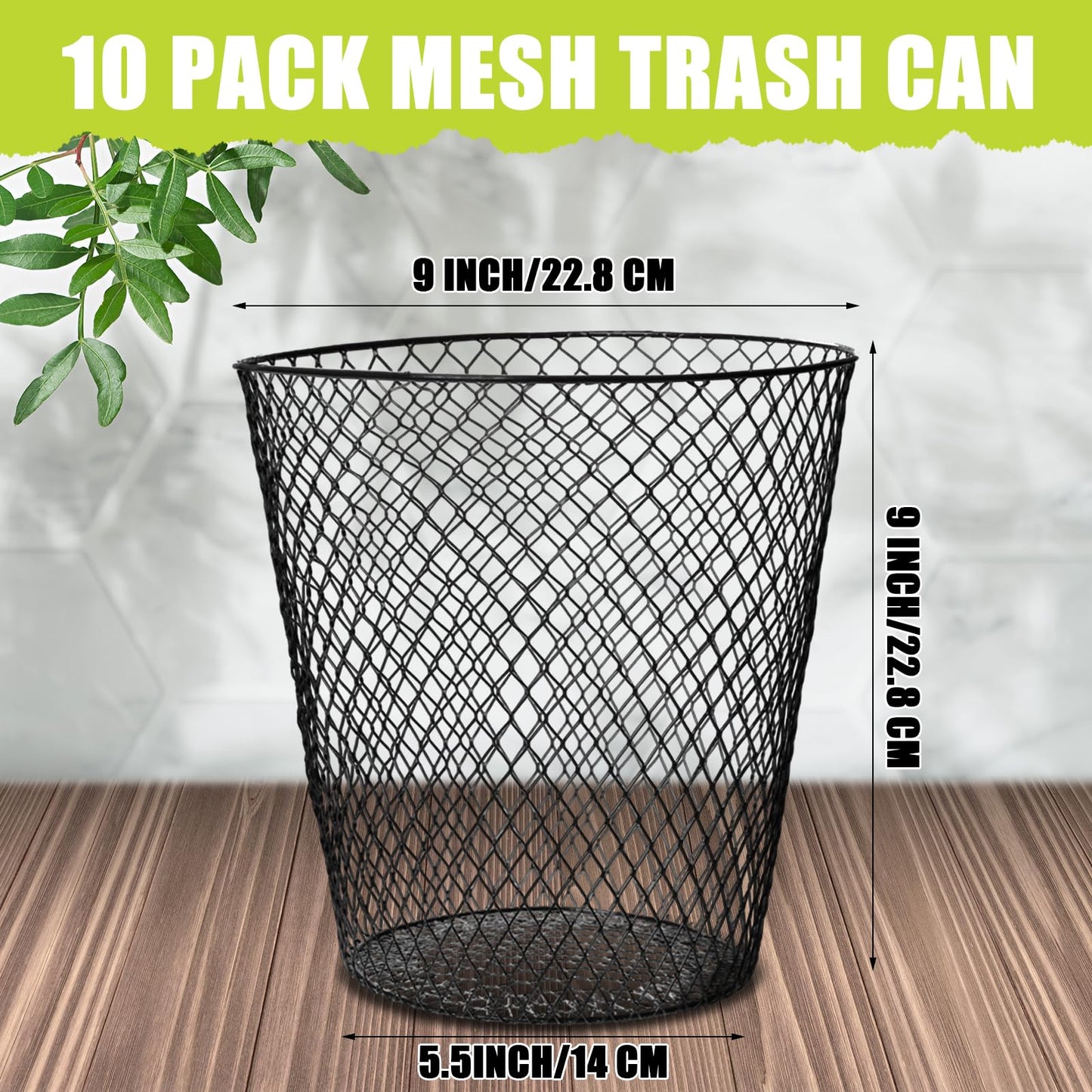 10 Pack 9 inch Round Waste Basket,Wire Mesh Desk Metal Trash Garbage Can Wastebasket Recycling Black Trash Bins Garbage Container for Bedroom Office School Kitchen Home Living Room Bathroom
