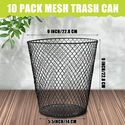 10 Pack 9 inch Round Waste Basket,Wire Mesh Desk Metal Trash Garbage Can Wastebasket Recycling Black Trash Bins Garbage Container for Bedroom Office School Kitchen Home Living Room Bathroom