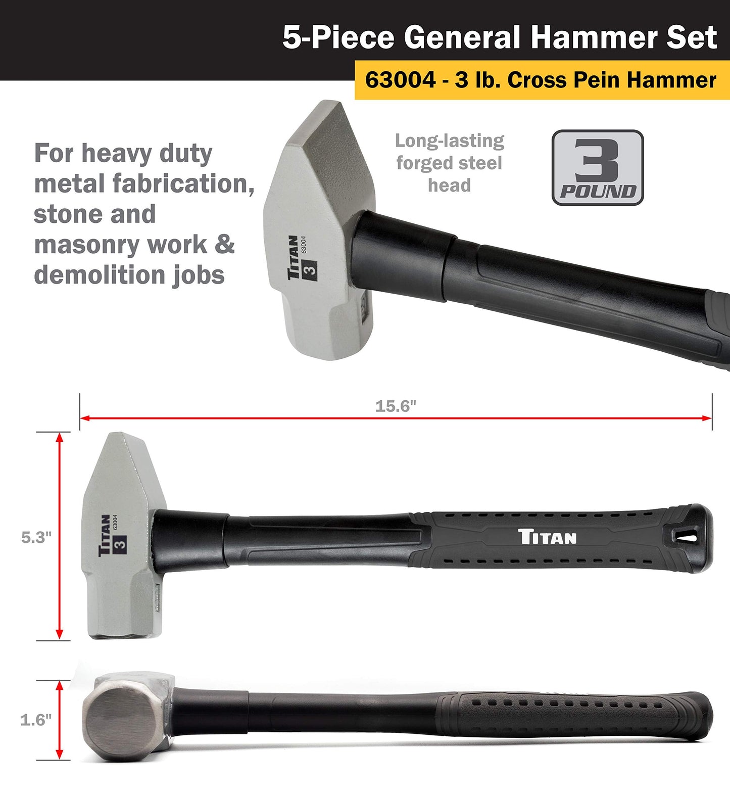 Titan 63125 5-Piece Hammer Set, Includes 16oz & 32oz Ball Pein, 32oz Rubber Mallet, 3lb Sledgehammer, & 3lb Cross Pein, Shock Absorbing Fiberglass Handles with Textured Grips
