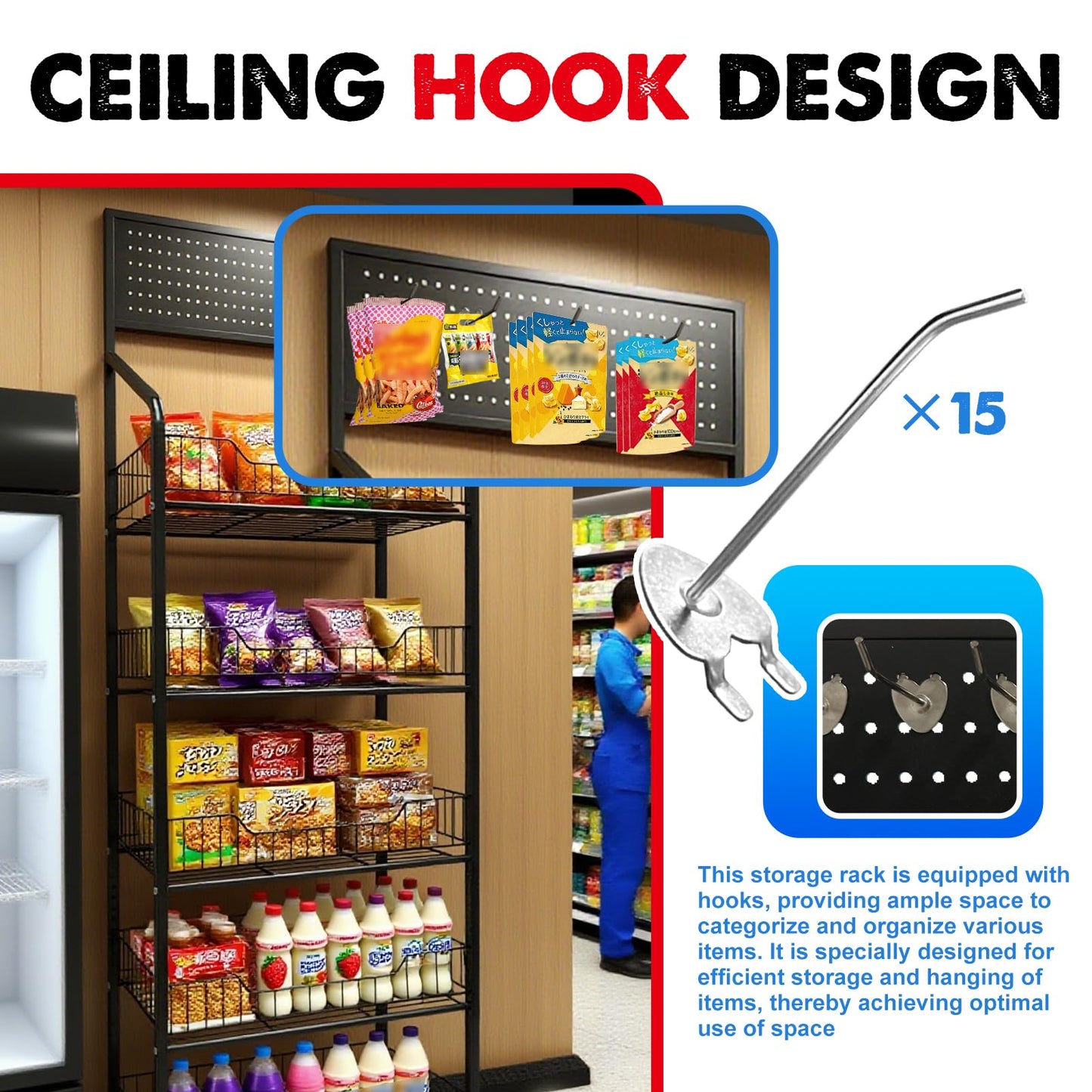 5 Tier Retail Candy Display Rack Metal Storage Shelf with Wheels & 15 Hooks Concession Candy Snack Display Racks Sturdy and Stable Chip Shelf Rack for Stores, Kitchen, Office (Black, 19.7*10.6*65 in)