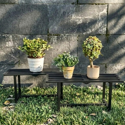 Rioneta Plant Stand Indoor Outdoor, Foldable Metal Plant Shelf for Multiple Pots, Mid Century Slatted Bench for Patio Garden, Heavy Duty Capacity 330 lbs 2 Pack Black