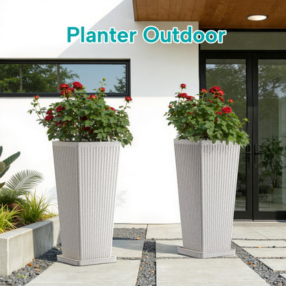 Diyfire Tapered Tall Planters for Outdoor Plants 2 Pack- 23.6 Inch Heavy-Duty Classic Square Indoor Flower Pots with Drainage Holes/Partition/Tray, Large Outdoor Planters for Porch Patio, White