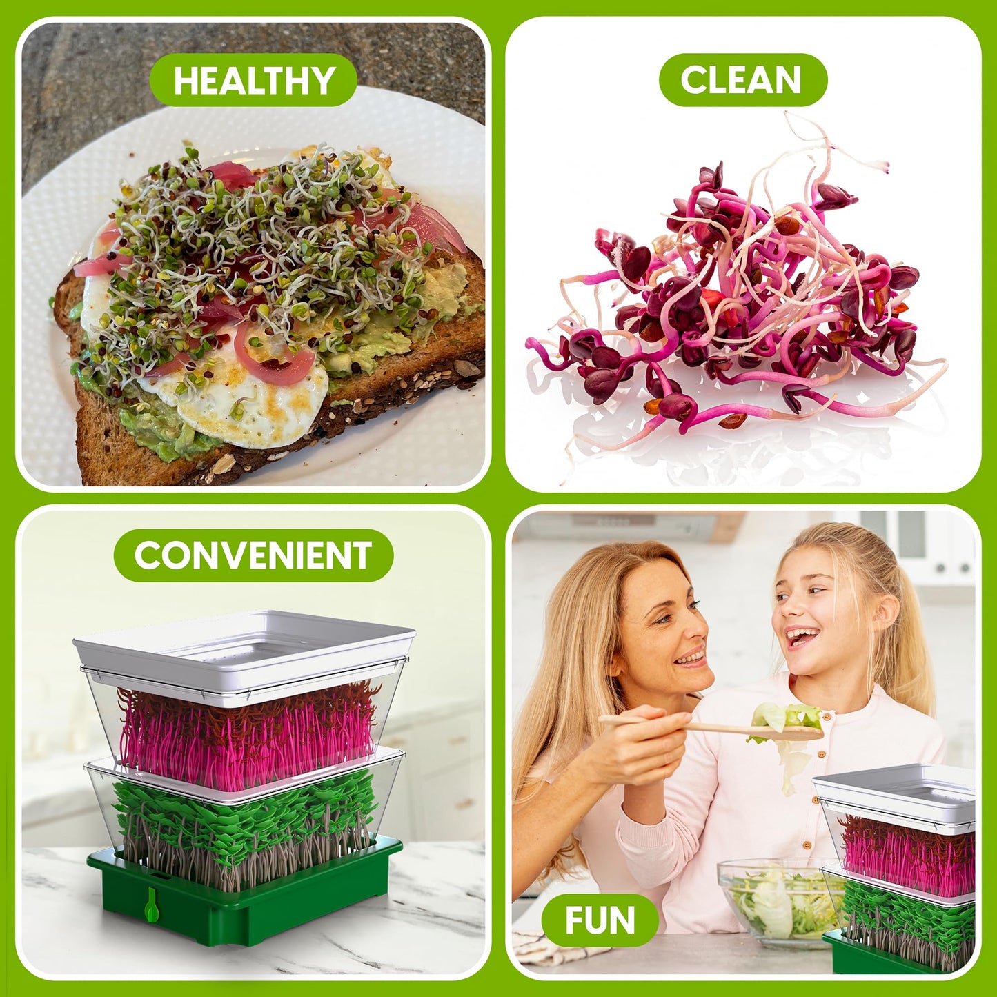 ZESTIGREENS 2-Tier Sprouting Kit - Stackable Seed Sprouter Trays with Drain Spout - Grow Fresh Sprouts at Home - BPA-Free