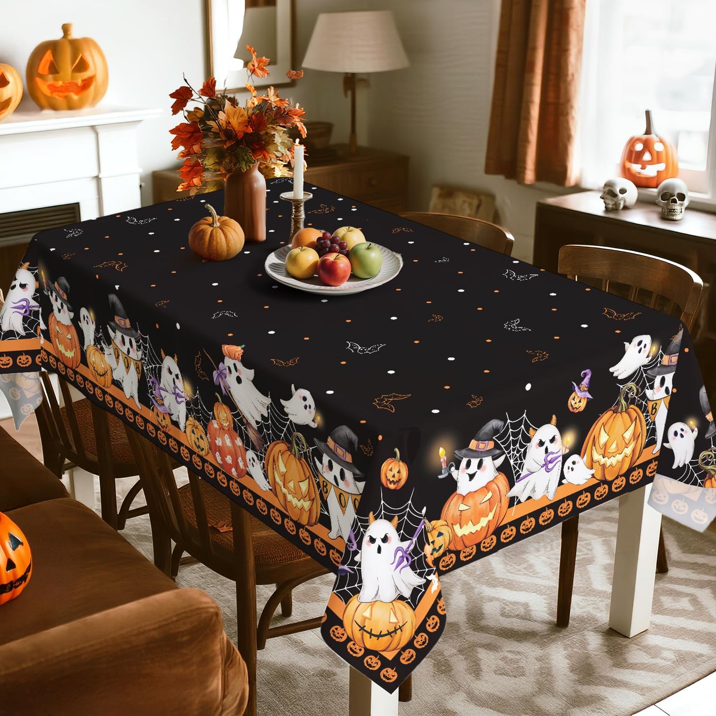 Arquiel Halloween Ghost Pumpkin Tablecloth Waterproof, Black Orange Plaid Table Cloth Rectangle, Washable Table Cover for Halloween Party Home Kitchen Decoration (60×104 Inch)