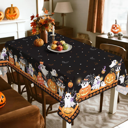 Arquiel Halloween Ghost Pumpkin Tablecloth Waterproof, Black Orange Plaid Table Cloth Rectangle, Washable Table Cover for Halloween Party Home Kitchen Decoration (60×104 Inch)