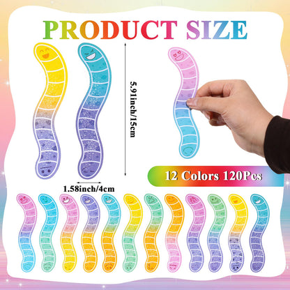HCEWSBFD 120 Pcs Worm Bookmarks Bulk Cute Holographic Glitter Gummy Worm Bookmarks Cute Book Marks for Writers Readers Classroom Rewards, Student Rewards, Bookish Bulk Supplies for Teachers