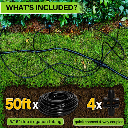Bonviee 50FT 5/16” Drip Irrigation Mainline Tubing with 4-Way Push-to-Connect Couplers (4 Pack) – Compact DIY Garden Irrigation Distribution System for Misting, Raised Beds & Small Spaces