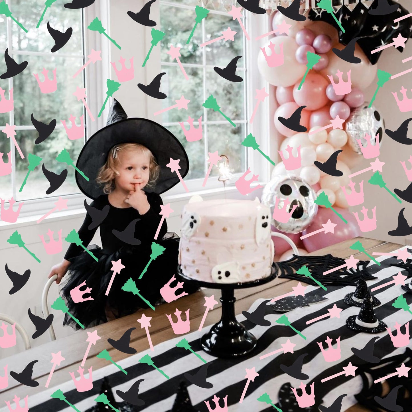 200Pcs Witch Themed Confetti - Magic Birthday Wedding Party Decorations,Pink Green Witches Table Centerpiece,Crown Broom Magic Wand Scatters Confetti,Good Bad Witch Party Photo Props