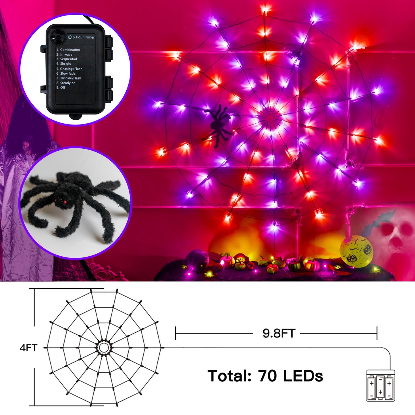 Ollny Spider Web Decoration 4FT 70 LED, Orange and Purple Halloween Lights with Black Spider Battery Powered 8 Modes Timer, Waterproof Cobweb String Light for Outdoor Indoor House Yard Party