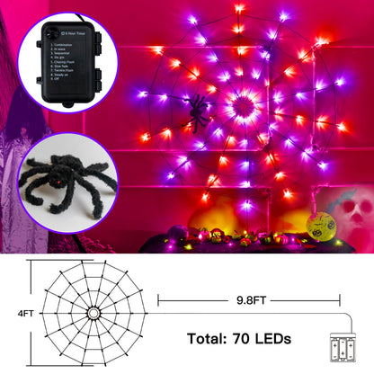 Ollny Spider Web Decoration 4FT 70 LED, Orange and Purple Halloween Lights with Black Spider Battery Powered 8 Modes Timer, Waterproof Cobweb String Light for Outdoor Indoor House Yard Party