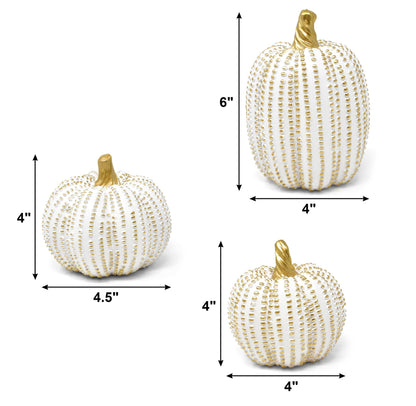 Gift Boutique Set of 3 White Gold Beaded Pumpkins Fall Harvest Home Décor for Thanksgiving Tabletop, Mantle, Shelf, Kitchen, Office, Tiered Tray