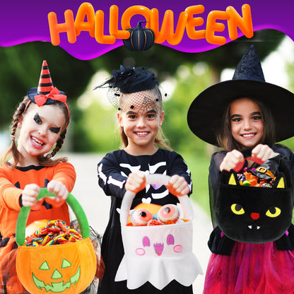Teenyyou Halloween Pumpkin Trick or Treat Bucket Plush Candy Bag Basket Tote for Trick or Treating Glow in The Dark Favor Bags for Halloween Party Supplies