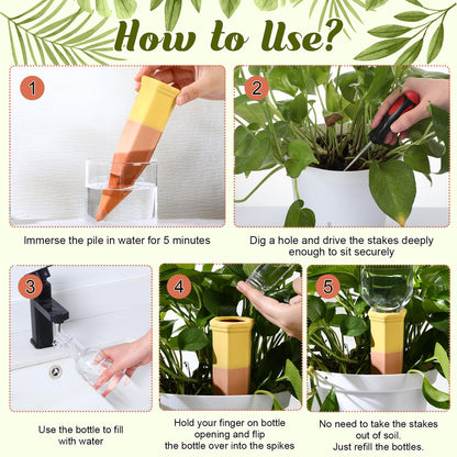 DoubleFill 8 Pcs Terracotta Plant Watering Spikes Self Watering Planter Insert Automatic Plants Waterer Devices 8 Colors Slow Release Stakes for Indoor Outdoor Vacation