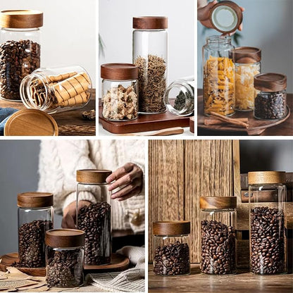 18 oz/550 ml Clear Glass Storage Canister with Airtight Wooden Lid, Small Overnight Oats Containers, Cute Decorative Salad Jar for Snacks Yogurt Spice Sugar Cereal Fruit Coffee Tea -4 Pack