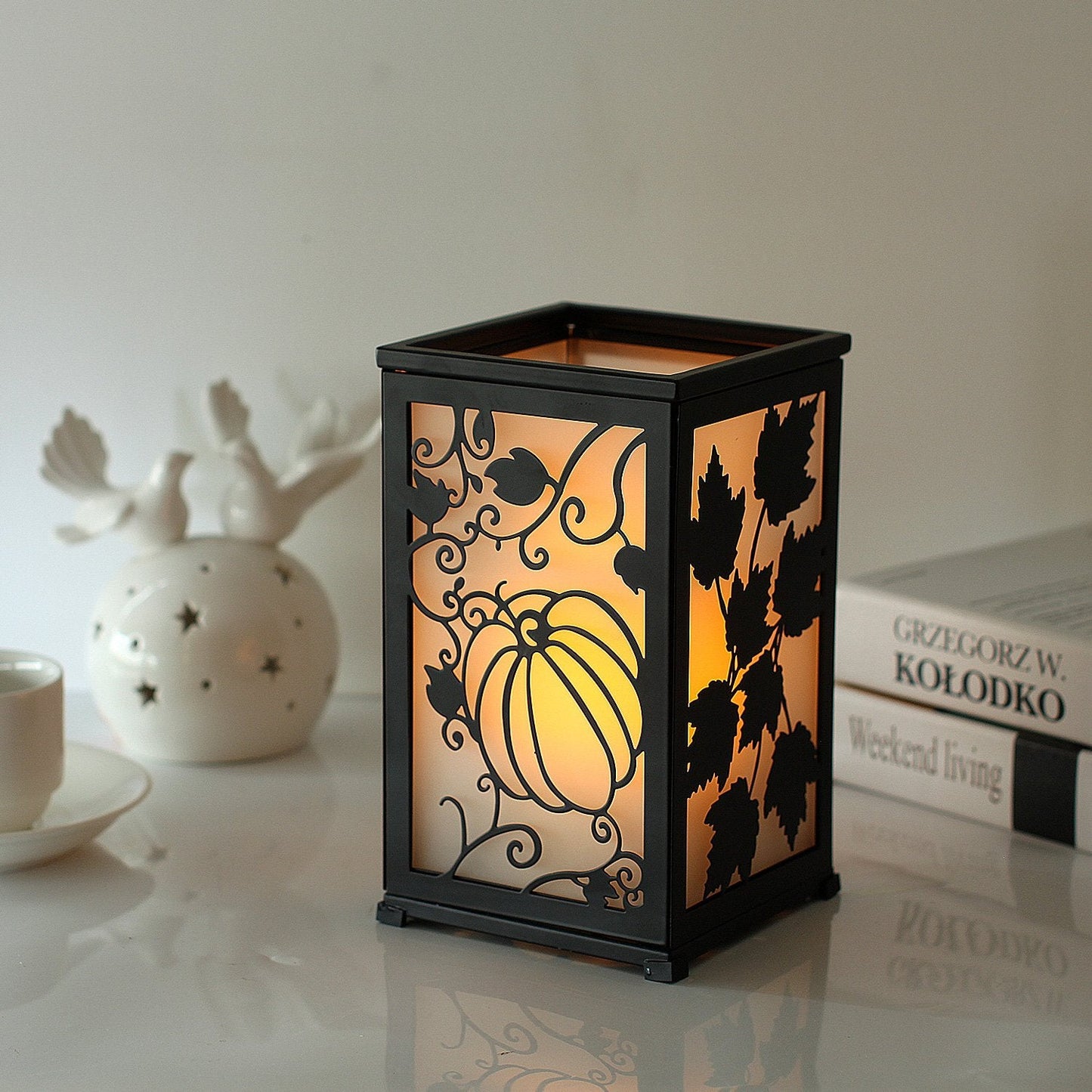 Decorative LED Candle Lantern with Timer & 12 Magnetic Seasonal Panels - Battery Operated Flameless Flickering Candle - Rustic Black Metal Lantern for Indoor & Outdoor Home Decor, 5” x 5” x 8.5”