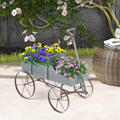 Wagon Planter, Decorative Wooden Garden Planter with Wheels, 2 Planting Sections and Adjustable Handle, Indoor Outdoor Backyard Balcony Decor (Grey)
