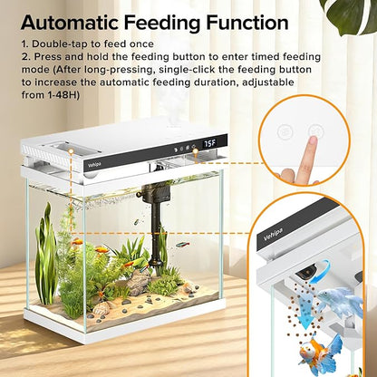 Vehipa Fish Tank Aquarium, 2.2 Gallon Smart Fish Aquarium Kits with Auto Feeder, Silent Water Pump, Temperature Display, Smart Humidifier & 7-Color Lighting, for Office & Home - White