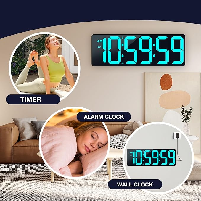 17.2" Large Digital Timer Wall Clock with Remote Control, Count Down Up Digital Timer, Auto DST LED Big Digital Clock for Bedroom Kitchen Living Room Office Gym Home Decor, Blue