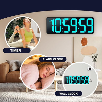 17.2" Large Digital Timer Wall Clock with Remote Control, Count Down Up Digital Timer, Auto DST LED Big Digital Clock for Bedroom Kitchen Living Room Office Gym Home Decor, Blue