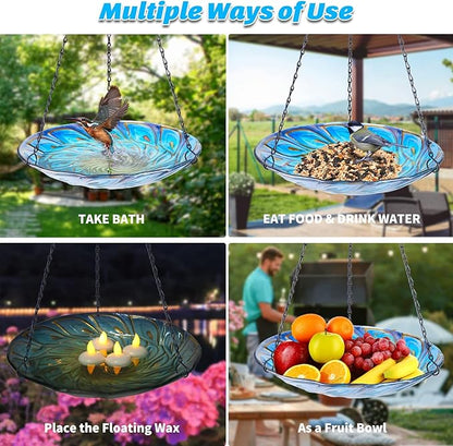 MUMTOP 11 inch Hanging Bird Bath Glass BirdBath Peacock Outdoor Birdfeeder for Garden Yard Decoration