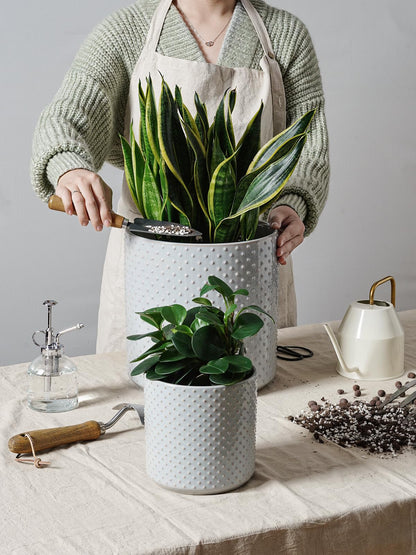 LE TAUCI Ceramic Pots for Plants, 10/8/6 Inch Indoor Planters with Draiange Hole, Silicone Plug & Mesh Pad, Modern Rasied-Dots Pots for Home Office, Set of 3, Glossy, Star Gray