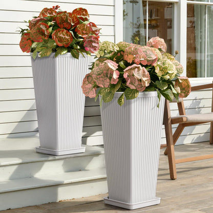Trygoal White Square Tall Planters for Outdoor Plants Set of 2-23.6" Modern Tapered Indoor Flower Pots with Drainage Holes/Partition/Tray, Large Outdoor Planters for Porch Patio Garden Front Porch