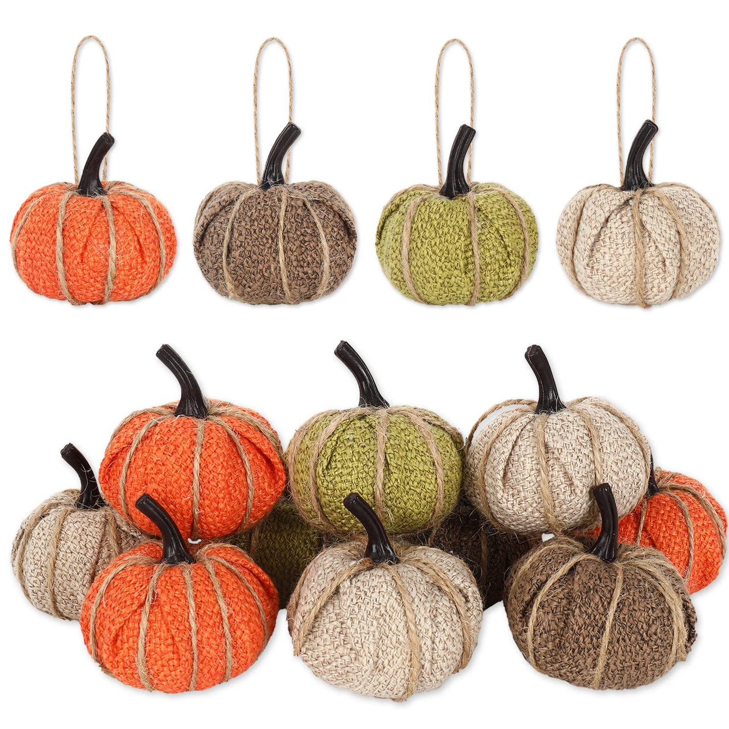 AnyDesign 16Pcs Fall Thanksgiving Pumpkin Hanging Ornament Green Flaxen Orange Brown Burlap Pumpkin Hanging Decors for Autumn Harvest Halloween Christmas Party Tree Mantel Wall Home Decoration