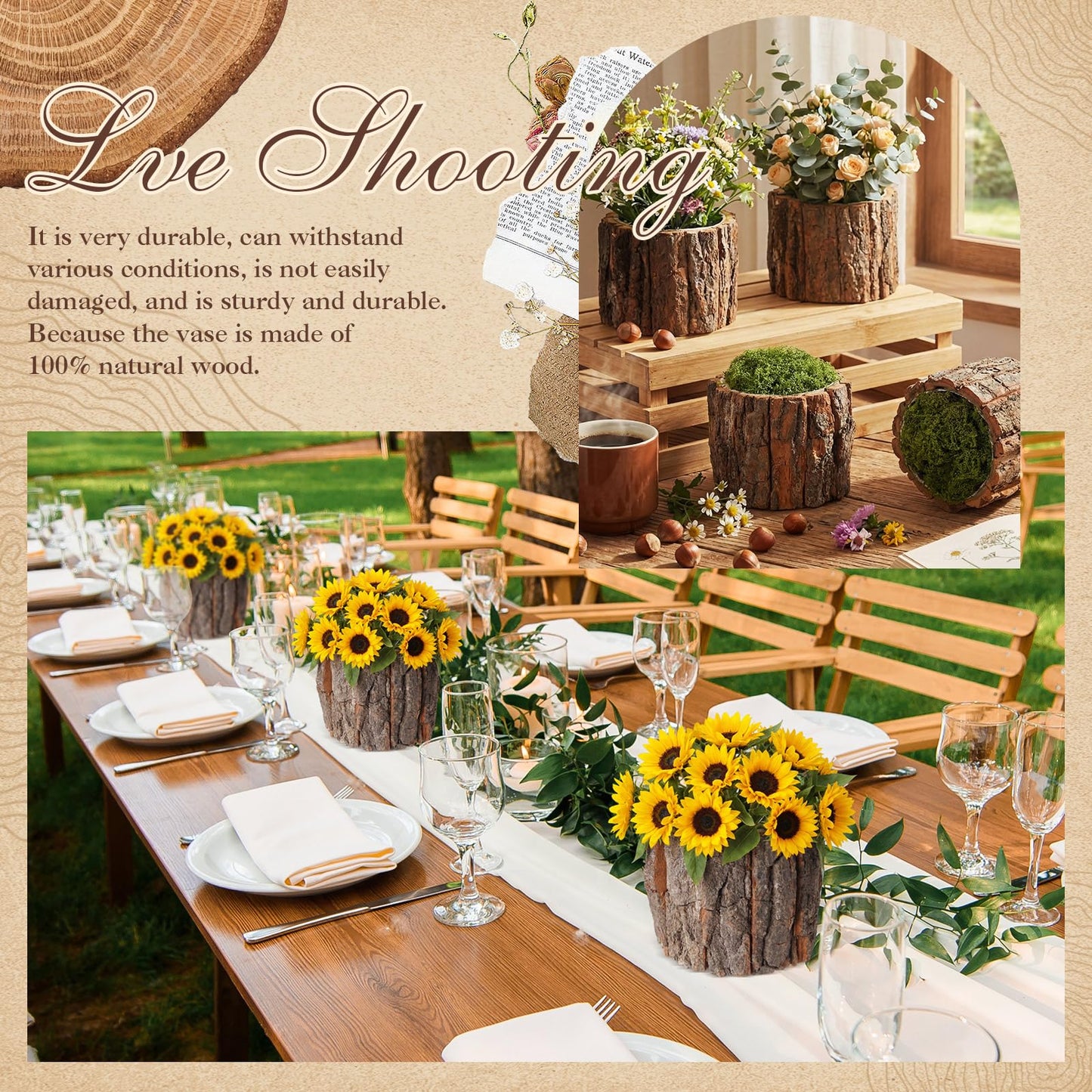 RimCereal 4 Set Wooden Vase for Centerpieces Wedding Flower Table Centerpieces Decor Rustic Bark Stump Bucket Farmhouse Wood Planter Pot for Woodland Party Window Home (Fake Green Moss,Large)
