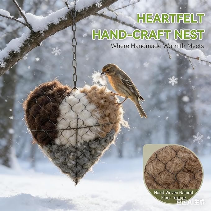 2026 new Handmade Alpaca Fiber Bird nest Heart, Bird nest Material Frame, Winter Wild Bird Tree House, Hummingbird nest Box Outdoor Garden Art Bird House, a Gift for Bird Lovers. (2pc)