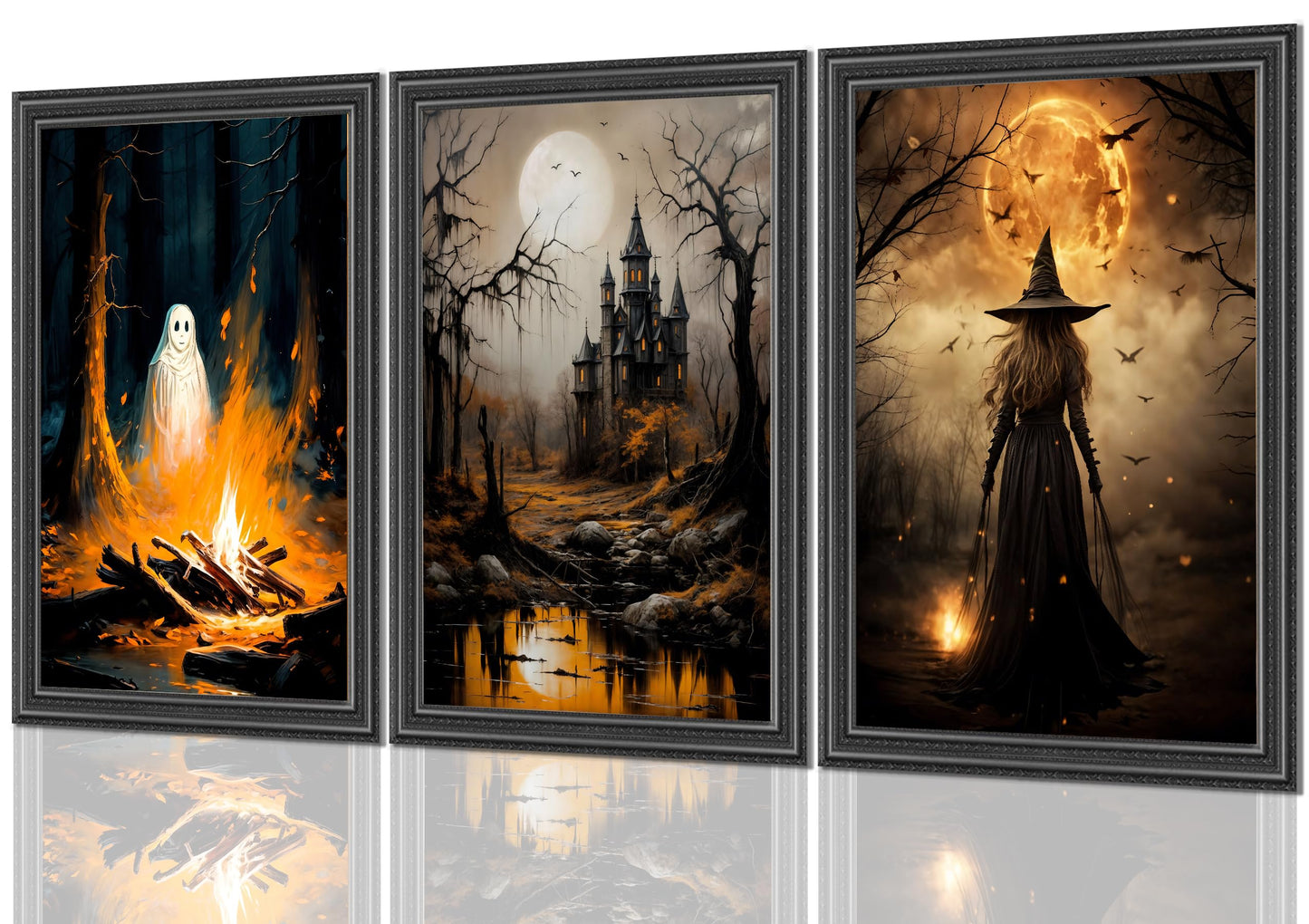 3pcs Halloween Canvas Wall Art Dark Academia Scary Witch Ghost Castle Posters Prints Thriller Horror Gothic Wall Decor Pictures for Halloween Party House Decoration Unframed