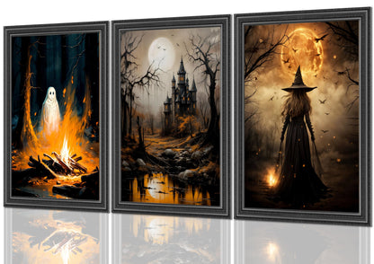3pcs Halloween Canvas Wall Art Dark Academia Scary Witch Ghost Castle Posters Prints Thriller Horror Gothic Wall Decor Pictures for Halloween Party House Decoration Unframed