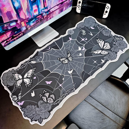 BelugaDesign Butterfly Desk Pad | Rose Spider Web Kawaii Cute Keyboard Gaming PC Laptop Mat | Large Spooky Halloween Witch Gothic Mousepad | Rubber Non-Slip Machine Washable Desk Blotter Protector