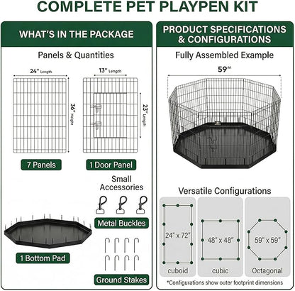PJYuCien Dog Playpen with Bottom Pad - Metal Foldable Exercise Pen, 8 Panels 36" H x 24" W Indoor Outdoor Pet Fence Puppy Crate Kennel, Black