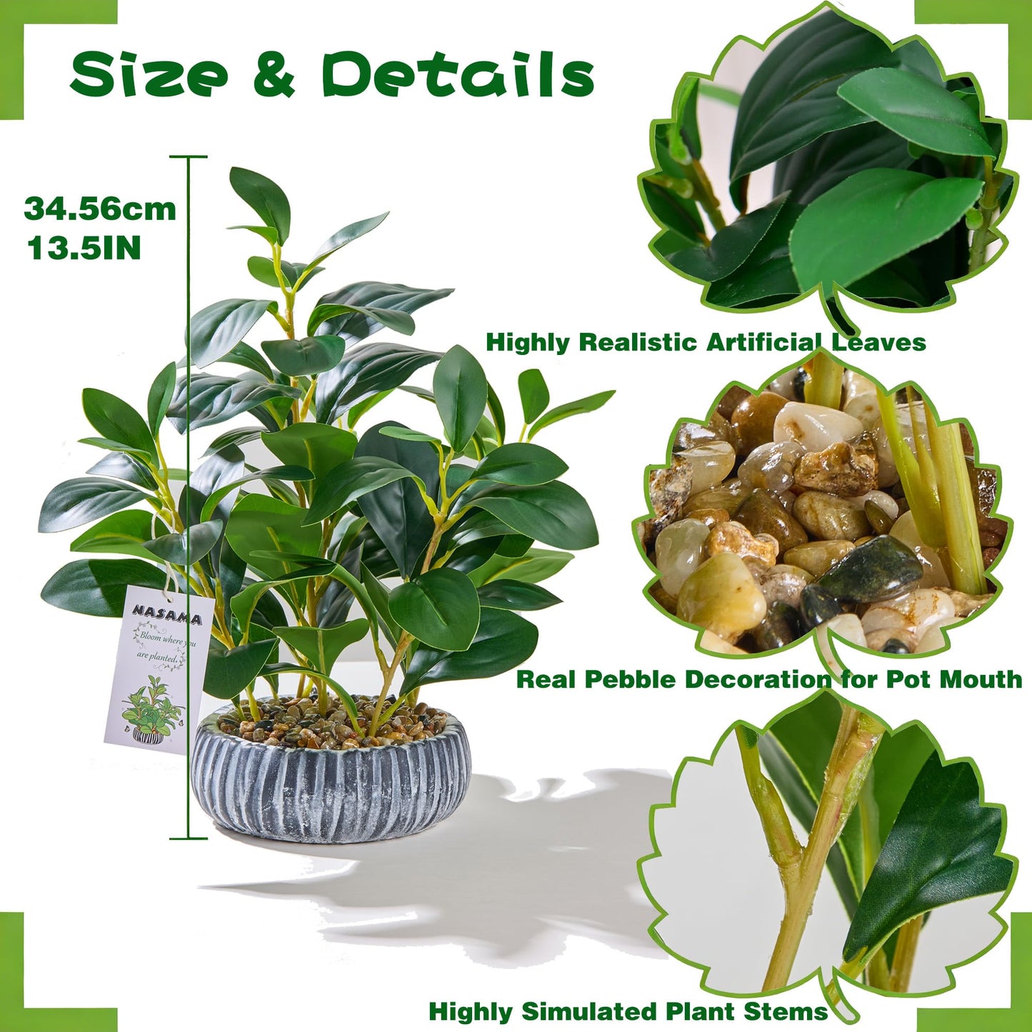 NASAMA Realistic Artificial Potted Plant, Faux Indoor Greenery for Home Office Living Room Bookshelf Bathroom Decor, Low-Maintenance Space-Saving Fake Plants with Modern Decorative Vase