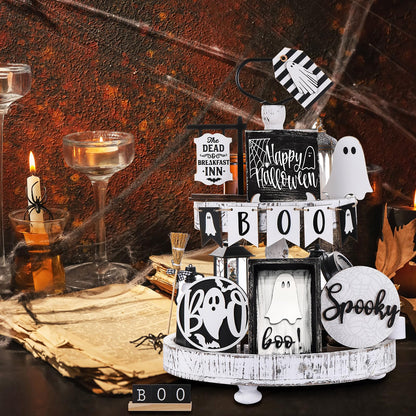 Wonderjune 19 Pcs Halloween Ghost Tiered Tray Decor Cute Boo Spooky Tray Decorations Black White Ghost Wooden Signs Mini Witch Broom Farmhouse Rustic Halloween Decorations for Home Table Office Desk