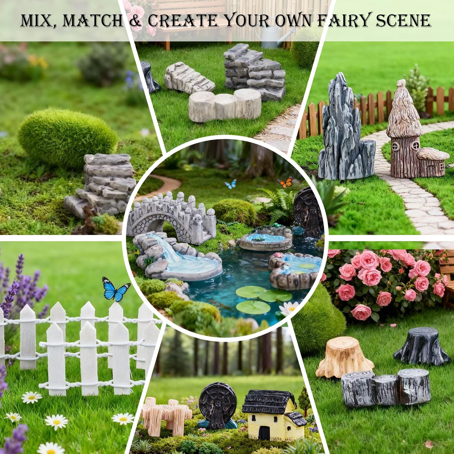 VerdantVibes 21-Piece Fairy Garden Kit with Mini Bridge, Waterwheel & Tree Stump Piers - Woodland Pond Decor Set for DIY Craft, Indoor/Outdoor Garden Accessories