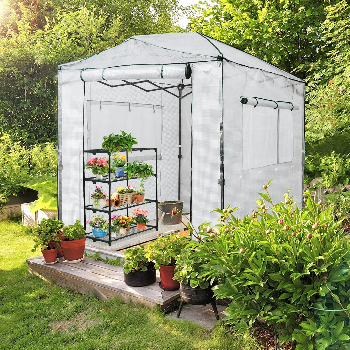EAGLE PEAK 8x6 Portable Walk in Greenhouse, Pop Up Indoor Outdoor Greenhouse, Green House Kit with Zippered Roll-Up Doors and Windows, PE Cover, Clear/White