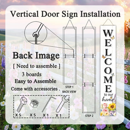Welcome Sign for Front Door, Large 47 inch Wood Framed Welcome to Our Home Sign with Spring Flower Print & Hanging Rope, Vertical Farmhouse Wooden Board Standing for Outdoor Yard Patio