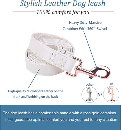 Dog Collar and Leash Set.Soft and Easy to Clean Vegan Leather with Rose Gold Metal Buckle for Small Medium Large Dogs (Off-White, M(13.8"-19.7"))