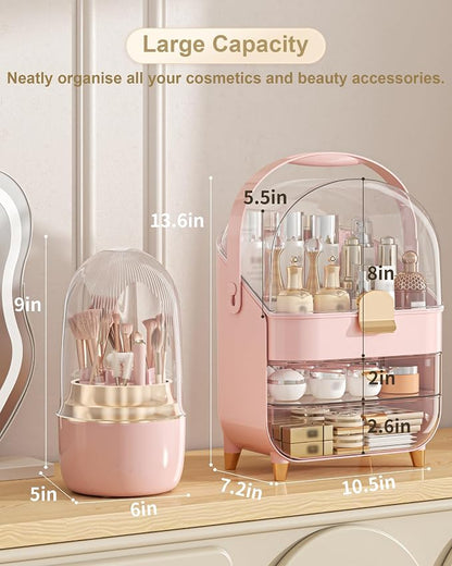 Makeup Organizer Countertop, Skincare Holder Bathroom Counter Organizer, Storage Box Cosmetic Display Cases, Teen Girl Gifts Make up Organizers (Pink/Brush)